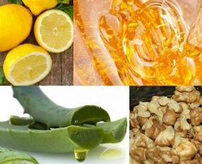 valriekstu, medus, citrona un alvejas sula iedarbībai